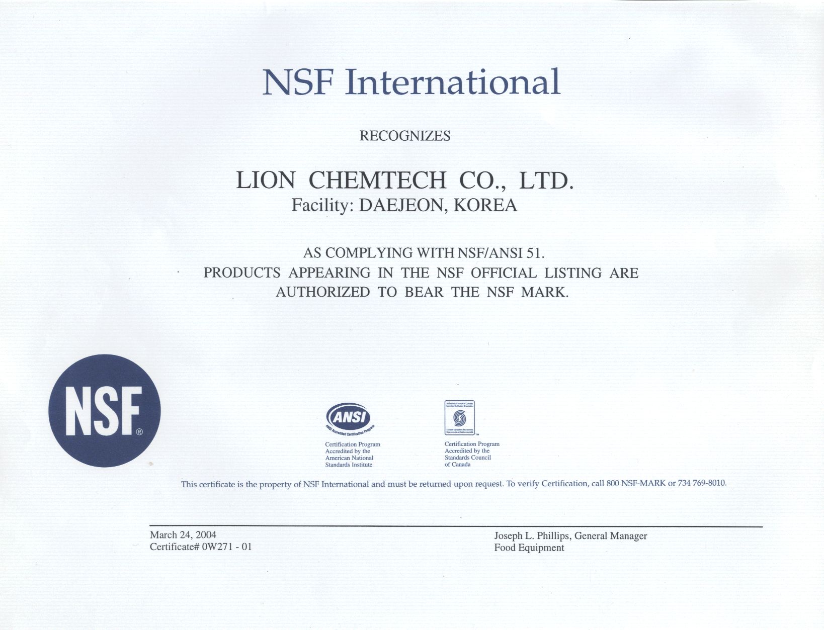 Lion Chemtech Co. Ε.Π.Ε. Συμμόρφωση με τα πρότυπα NSF ANSI51